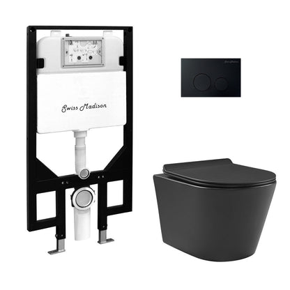 Swiss Madison Calice Wall-Hung Toilet Bundle 0.8/1.6 GPF Dual Flush in Matte Black with Black Flush Plate