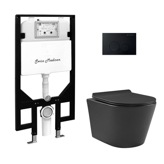 Swiss Madison Calice Wall-Hung Toilet Bundle 0.8/1.6 GPF Dual Flush in Matte Black with Black Flush Plate