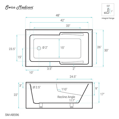 Swiss Madison Voltaire 48" x 30" Left-Hand Drain Alcove Integrated Armrest Bathtub with Apron