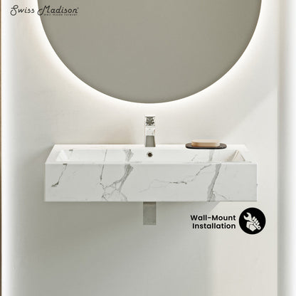 Swiss Madison Voltaire Wide Rectangle Wall Hung Sink in White Marble