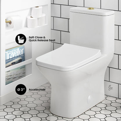 Swiss Madison Carre One Piece Square Toilet Dual Flush, Brushed Gold Hardware 1.1/1.6 gpf