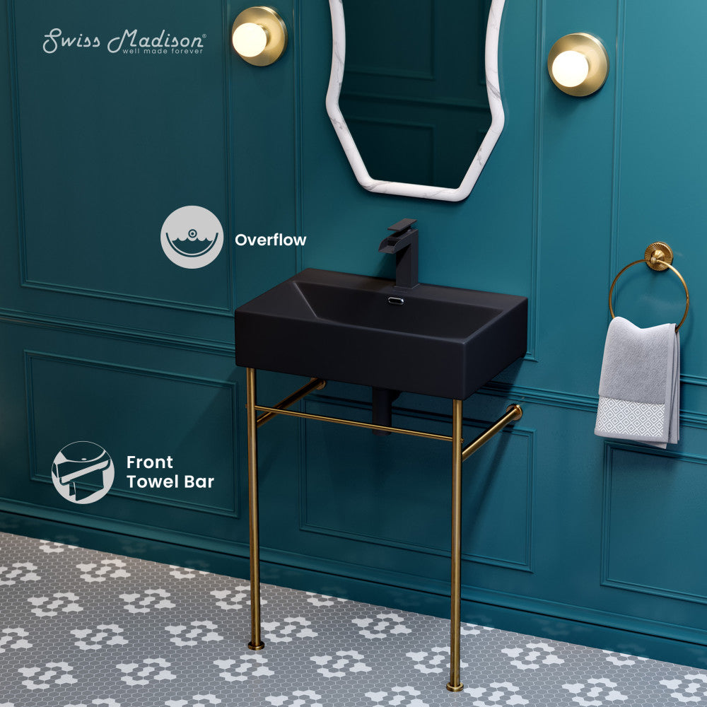 Swiss Madison Claire 24 Ceramic Console Sink Matte Black Basin Brushed Gold Legs