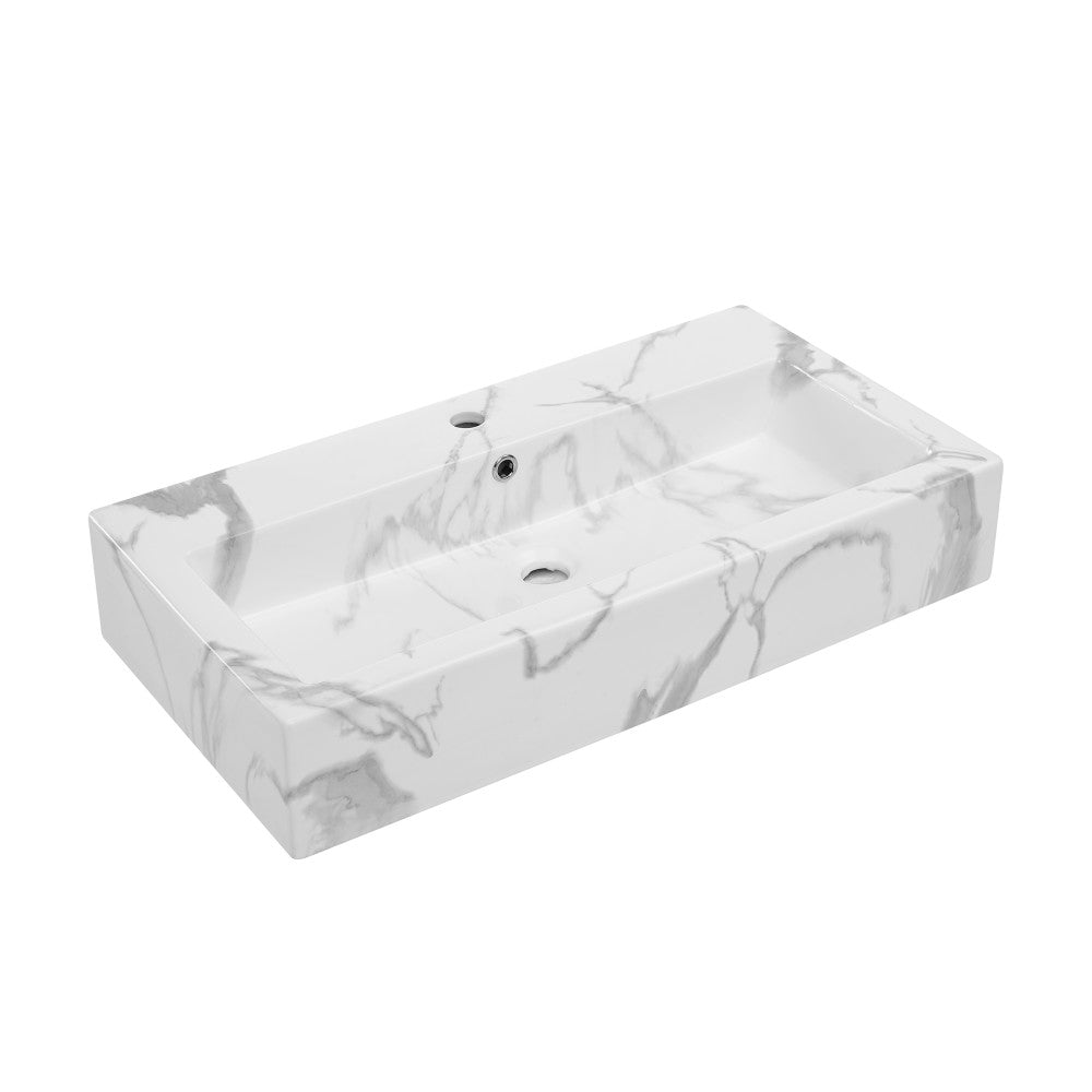 Swiss Madison Voltaire Wide Rectangle Wall Hung Sink in White Marble