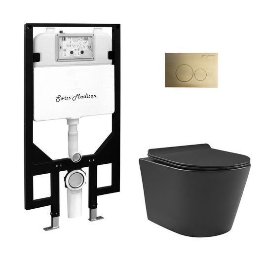 Swiss Madison Calice Wall-Hung Toilet Bundle 0.8/1.6 GPF Dual Flush in Matte Black with Brass Flush Plate