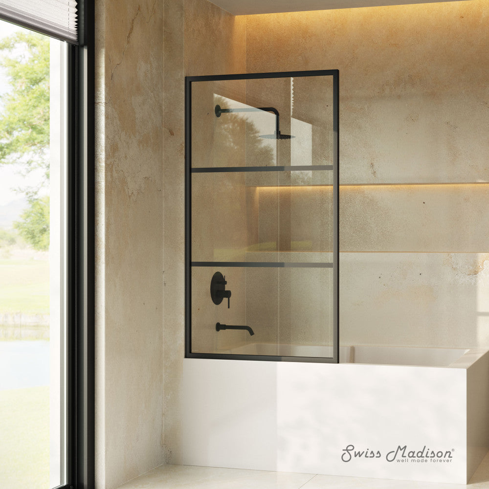 Swiss Madison Claire 34 x 58 Framed Fixed 3/8 in. (10mm) Clear Tempered Glass Tub Door with Black Matte Frame