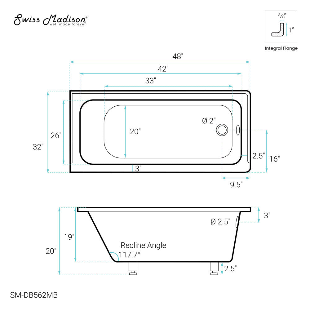 Swiss Madison Voltaire 48" x 32" Right-Hand Drain Alcove Bathtub in Matte Black
