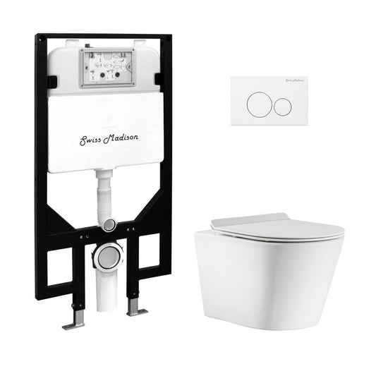 Swiss Madison Calice Wall-Hung Toilet Bundle 0.8/1.6 GPF Dual Flush in Glossy White with White Flush Plate