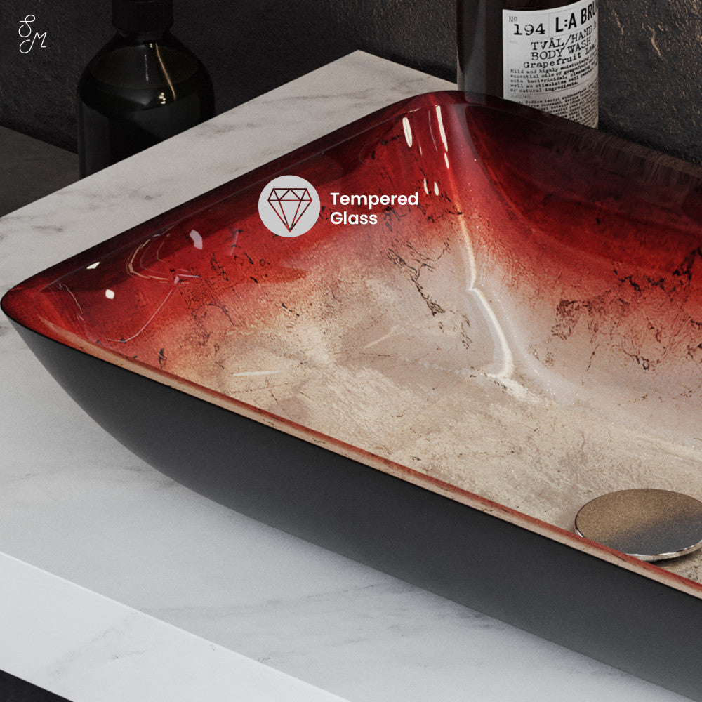 Swiss Madison Cascade Rectangular Glass Vessel Sink with Faucet, Ember Red