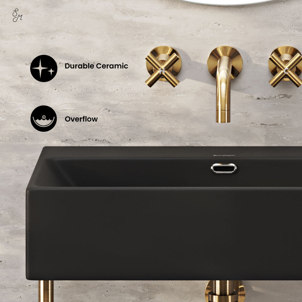 Swiss Madison Claire 24" Rectangle Matte Black Zero Hole Console Sink with Brushed Gold Legs