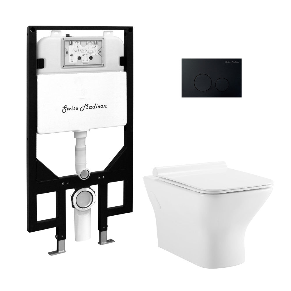 Swiss Madison Carre Wall-Hung Toilet Bundle 0.8/1.6 GPF Dual Flush in Glossy White with Black Flush Plate