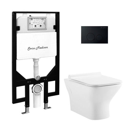 Swiss Madison Carre Wall-Hung Toilet Bundle 0.8/1.6 GPF Dual Flush in Glossy White with Black Flush Plate