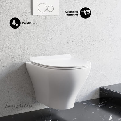 Swiss Madison Monaco Wall-Hung Toilet Bundle 0.8/1.6 GPF Dual Flush in Glossy White with White Flush Plate