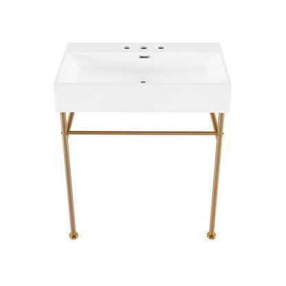 Swiss Madison Claire 30" Console Sink White Basin Brushed Gold Legs with 8" Widespread Holes