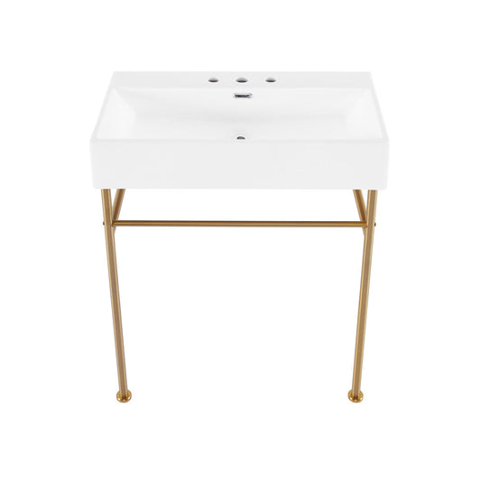Swiss Madison Claire 30" Console Sink White Basin Brushed Gold Legs with 8" Widespread Holes