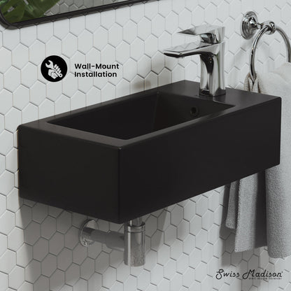 Swiss Madison Voltaire 19.5 x 10 Rectangular Ceramic Wall Hung Sink with Right Side Faucet Mount, Matte Black
