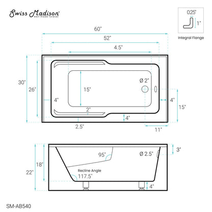 Swiss Madison Voltaire 60" x 30" Right-Hand Drain Alcove Bathtub with Apron and Armrest