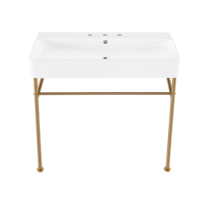 Swiss Madison Carre 36" Console Sink White Basin Brushed Gold Legs with 8" Widespread Holes