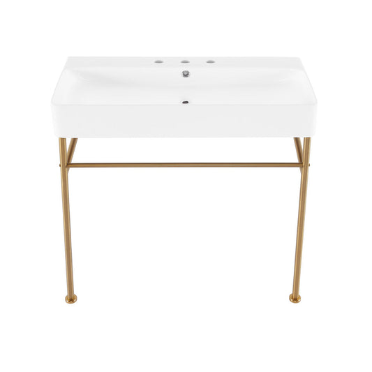 Swiss Madison Carre 36" Console Sink White Basin Brushed Gold Legs with 8" Widespread Holes