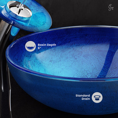 Swiss Madison Cascade 16.5 Glass Vessel Sink with Faucet, Ocean Blue