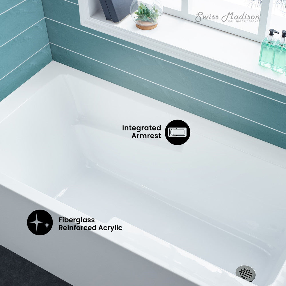 Swiss Madison Voltaire 54 x 30 Skirted Right Drain Soaking Alcove Bathtub in Glossy White with Integrated Armrest