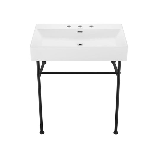 Swiss Madison Claire 30" Console Sink White Basin Black Legs with 8" Widespread Holes