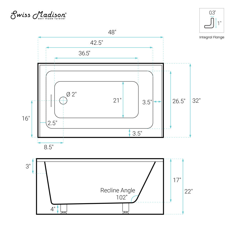 Swiss Madison Voltaire 48 x 32 Skirted Left Drain Soaking Apron Bathtub in Glossy White with Integrated Overflow, Drain Included