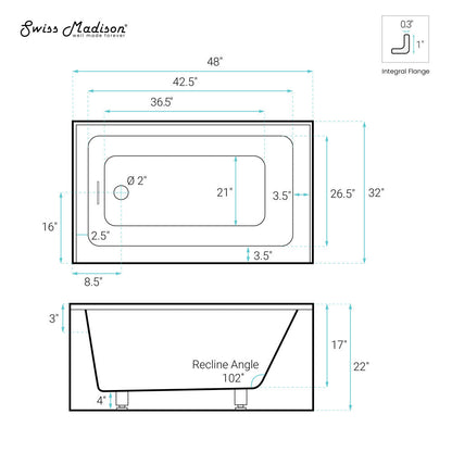 Swiss Madison Voltaire 48 x 32 Skirted Left Drain Soaking Apron Bathtub in Glossy White with Integrated Overflow, Drain Included