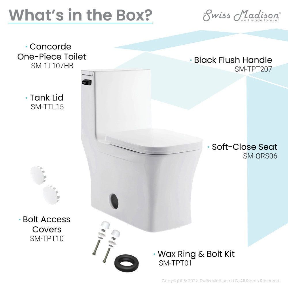 Swiss Madison Concorde One-Piece 12" Rough-in 1.28 GPF Left-Hand Flush Square Toilet in Glossy White with Black Hardware