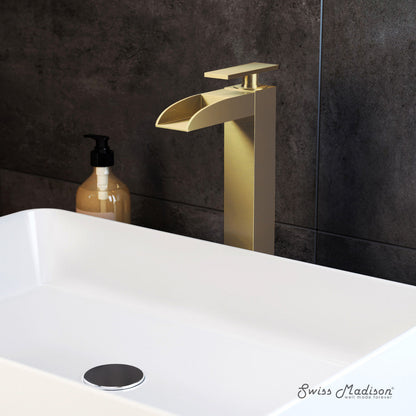 Swiss Madison Concorde Single Hole, Single-Handle, High Arc Waterfall, Bathroom Faucet in Brushed Gold