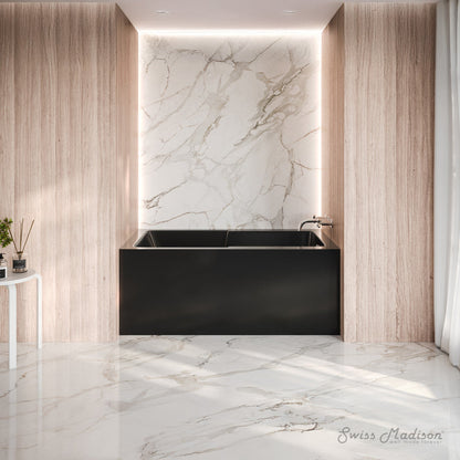 Swiss Madison Voltaire 54 x 30 Skirted Right Drain Soaking Apron Bathtub in Glossy Black with Integrated Armrest