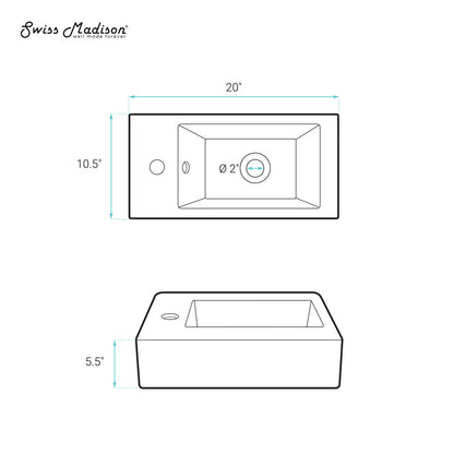 Swiss Madison Voltaire 19.5 x 10 Rectangular Ceramic Wall Hung Sink with Left Side Faucet Mount, Matte Black
