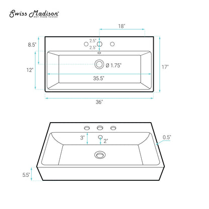 Swiss Madison Carre 36" Wall-Mount Bathroom Sink with 8" Widespread Holes