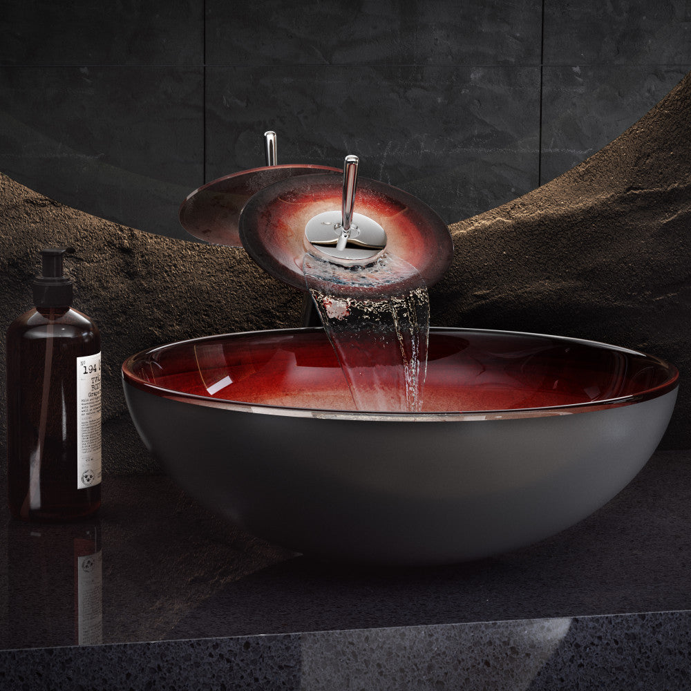 Swiss Madison Cascade 16.5 Glass Vessel Sink with Faucet, Ember Red