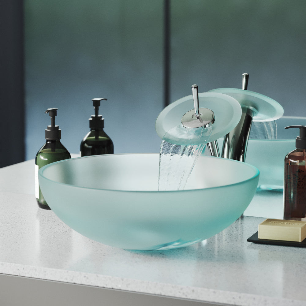 Swiss Madison Cascade 16.5 Color Glass Vessel Sink with Faucet, Frost