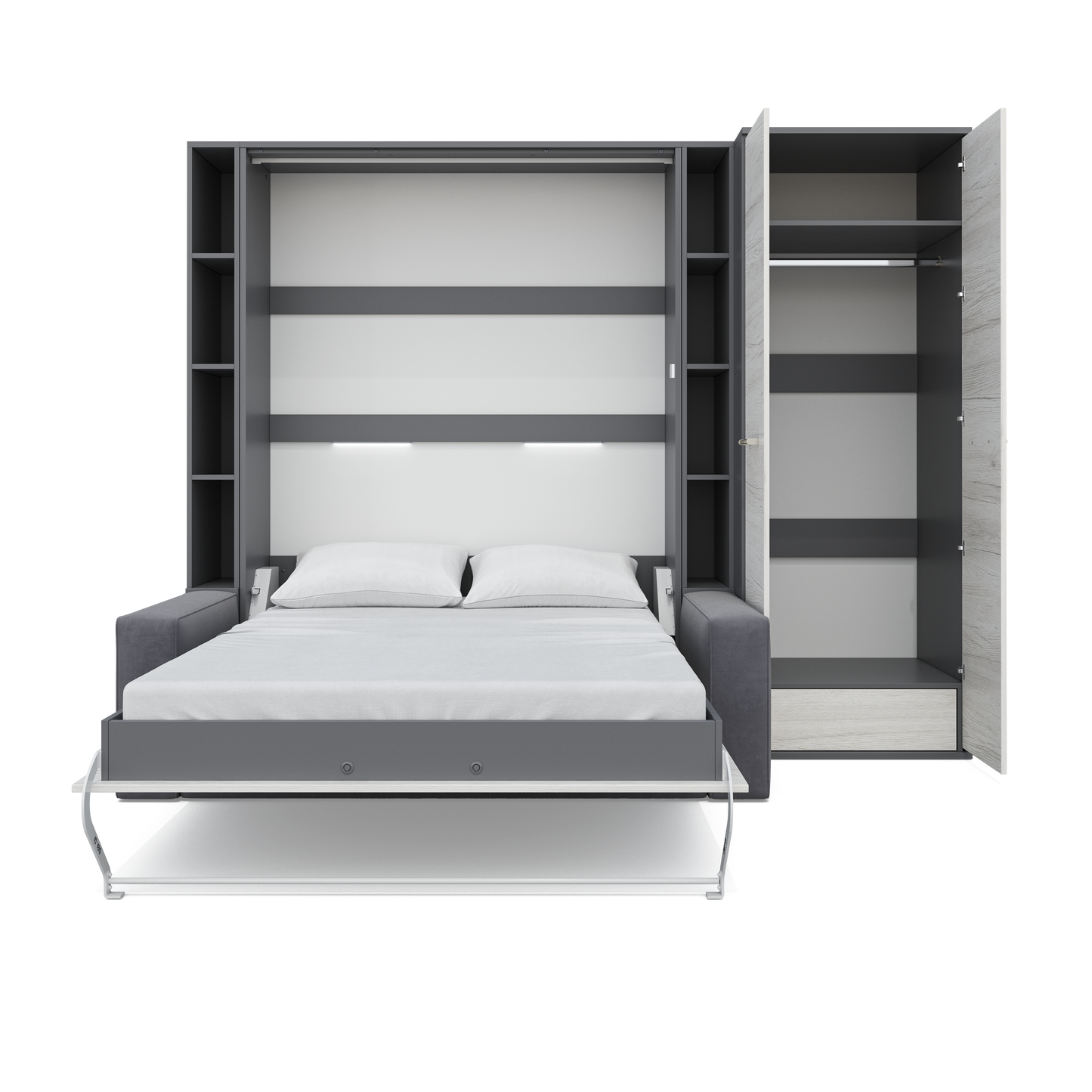 Maxima House Vertical European FULL size Murphy Bed Invento with a Sofa, two Shelves and Wardrobe