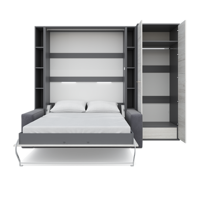 Maxima House Vertical European FULL size Murphy Bed Invento with a Sofa, two Shelves and Wardrobe