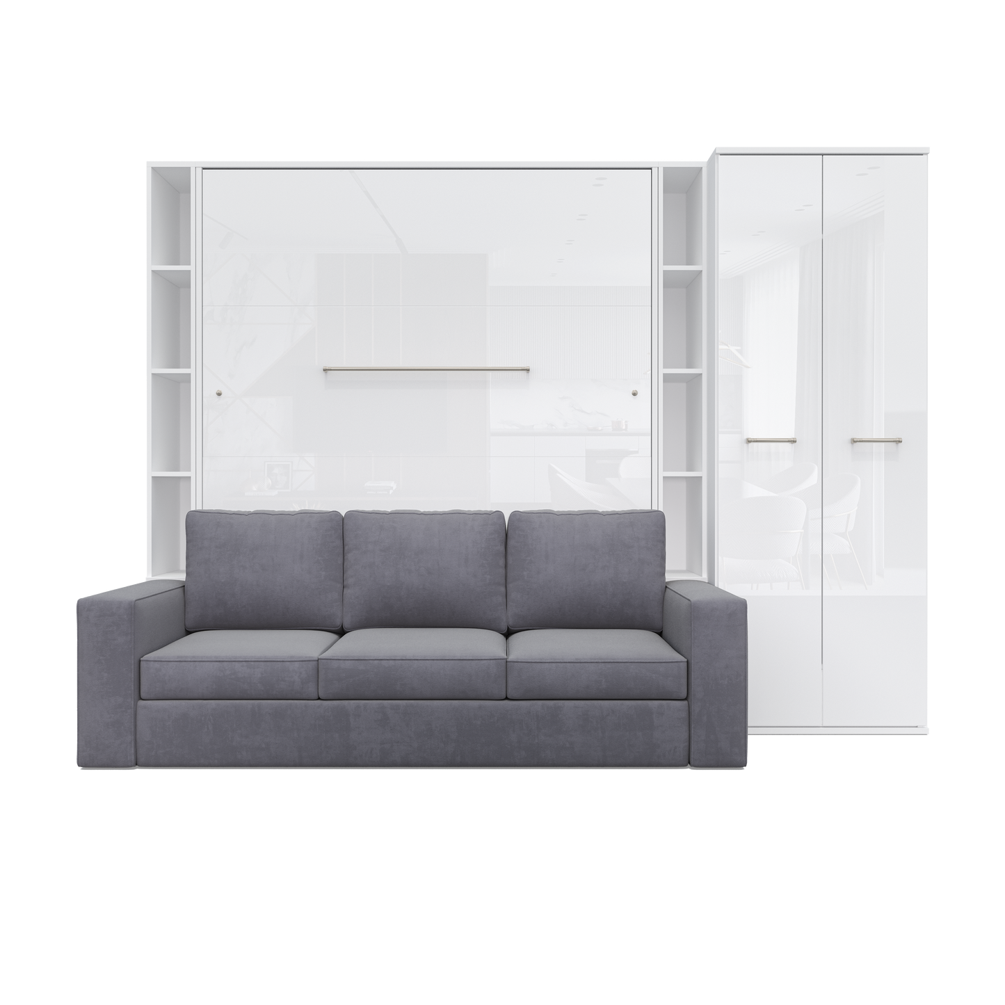 Maxima House Vertical Queen size Murphy Bed Invento with a Sofa, two Cabinets and Wardrobe