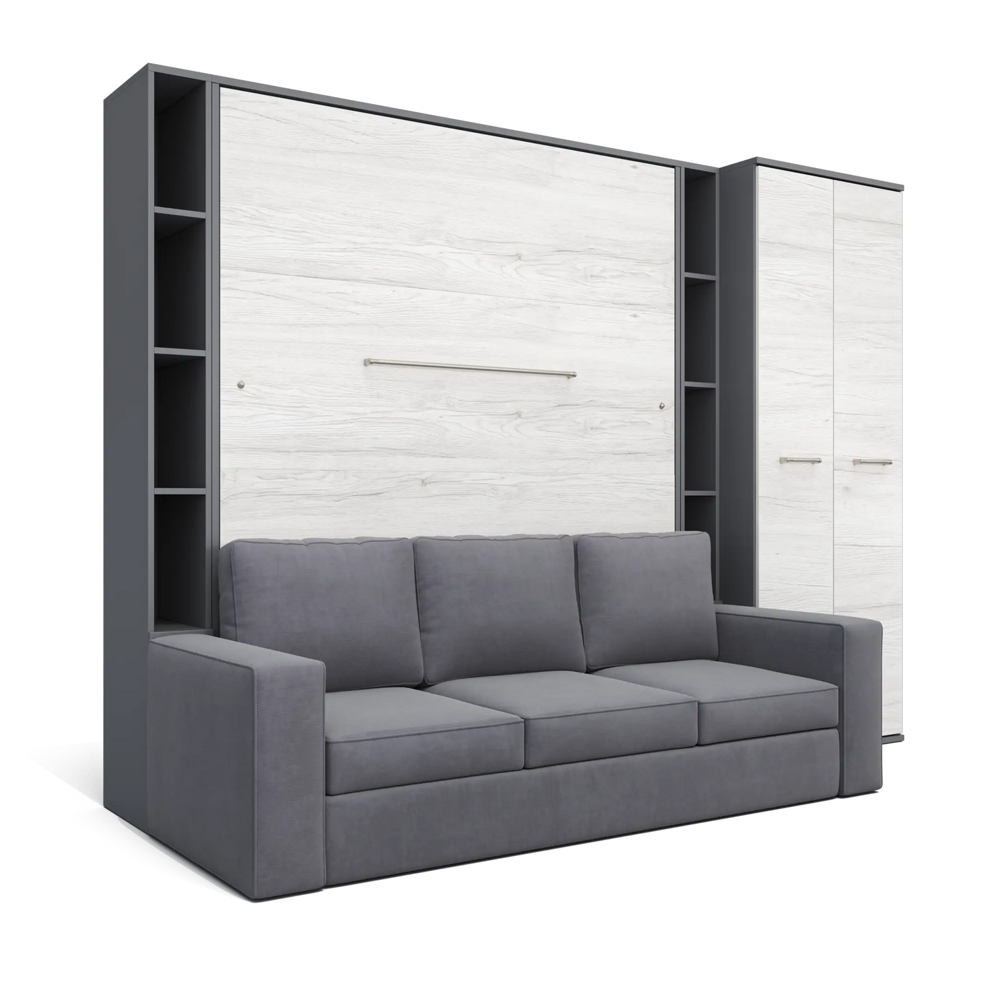 Maxima House Vertical Queen size Murphy Bed Invento with a Sofa, two Cabinets and Wardrobe