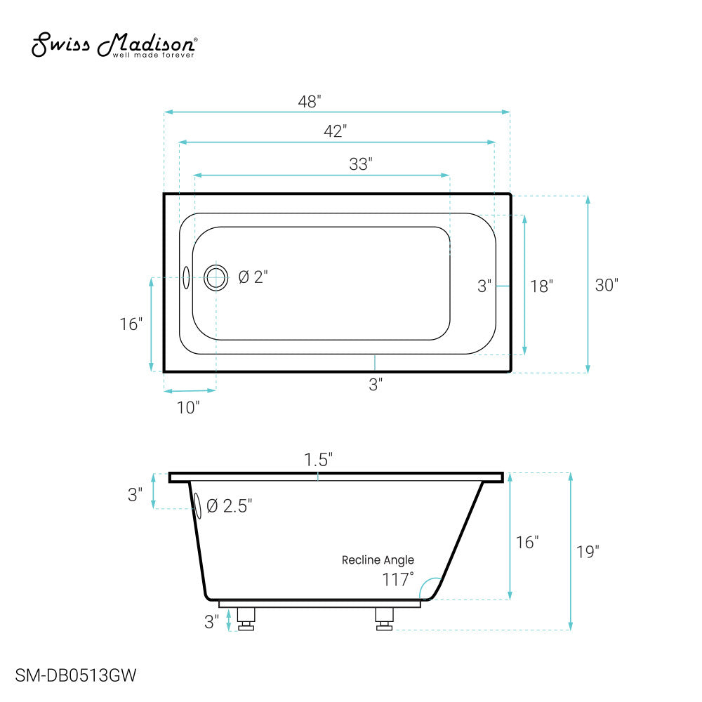 Swiss Madison Voltaire 48" x 30" Reversible Drain Drop-In Bathtub