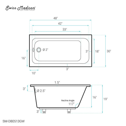 Swiss Madison Voltaire 48" x 30" Reversible Drain Drop-In Bathtub