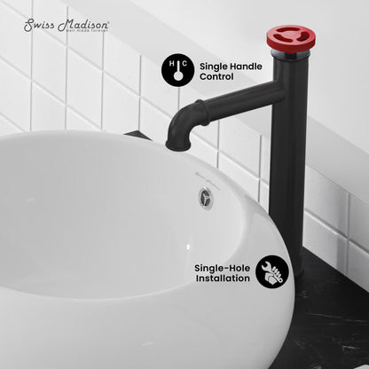 Swiss Madison Avallon Single Hole, Single-Handle Wheel, High Arc Bathroom Faucet in Matte Black with Red Handles