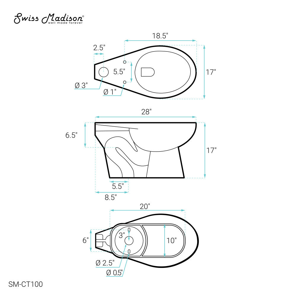 Swiss Madison Sirene Floor-Mounted Commercial Elongated Top Flush Spud Flushometer Toilet Bowl