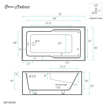 Swiss Madison Voltaire 72" x 36" Left-Hand Drain Alcove Bathtub with Apron and Armrest