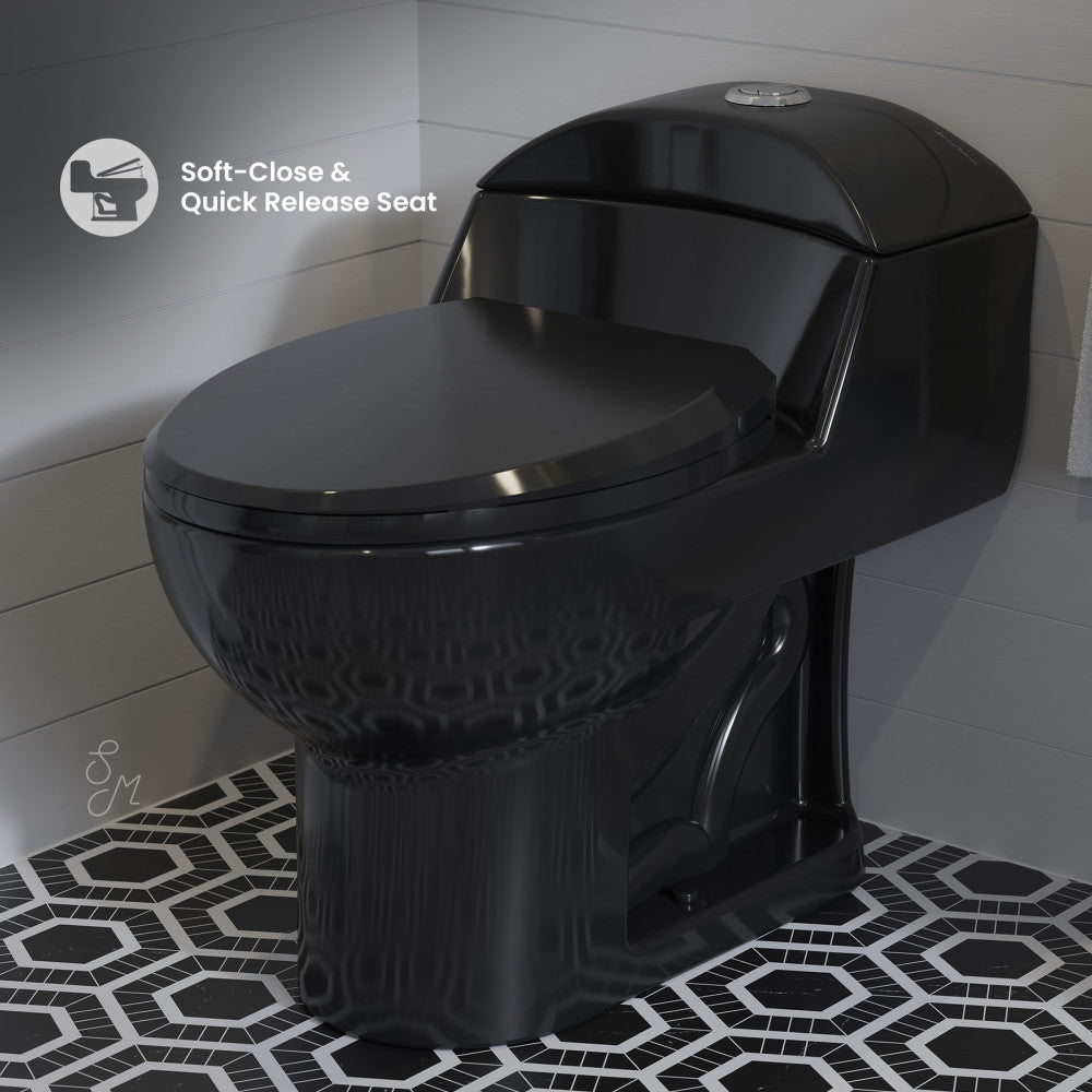 Swiss Madison Chateau One-Piece Elongated Toilet Dual-Flush in Glossy Black 1.1/1.6 gpf