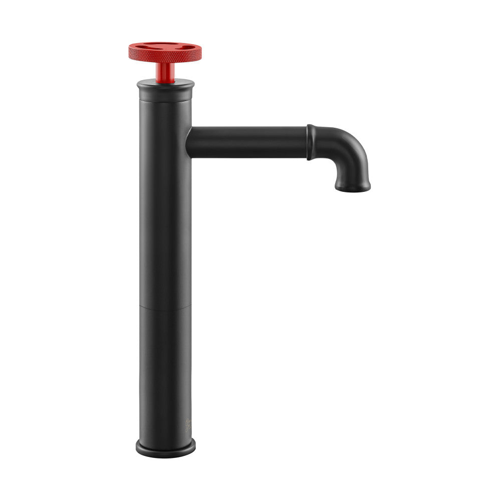Swiss Madison Avallon Single Hole, Single-Handle Wheel, High Arc Bathroom Faucet in Matte Black with Red Handles