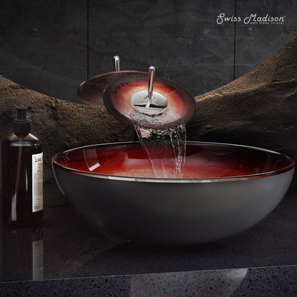 Swiss Madison Cascade 16.5 Glass Vessel Sink with Faucet, Ember Red