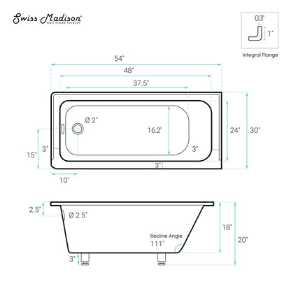 Swiss Madison Voltaire 54 x 30 Left Drain Soaking Alcove Bathtub in Glossy Black
