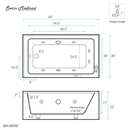 Swiss Madison Avancer 60" x 36" Left-Hand Drain Rectangular Alcove Whirlpool Bathtub with Apron
