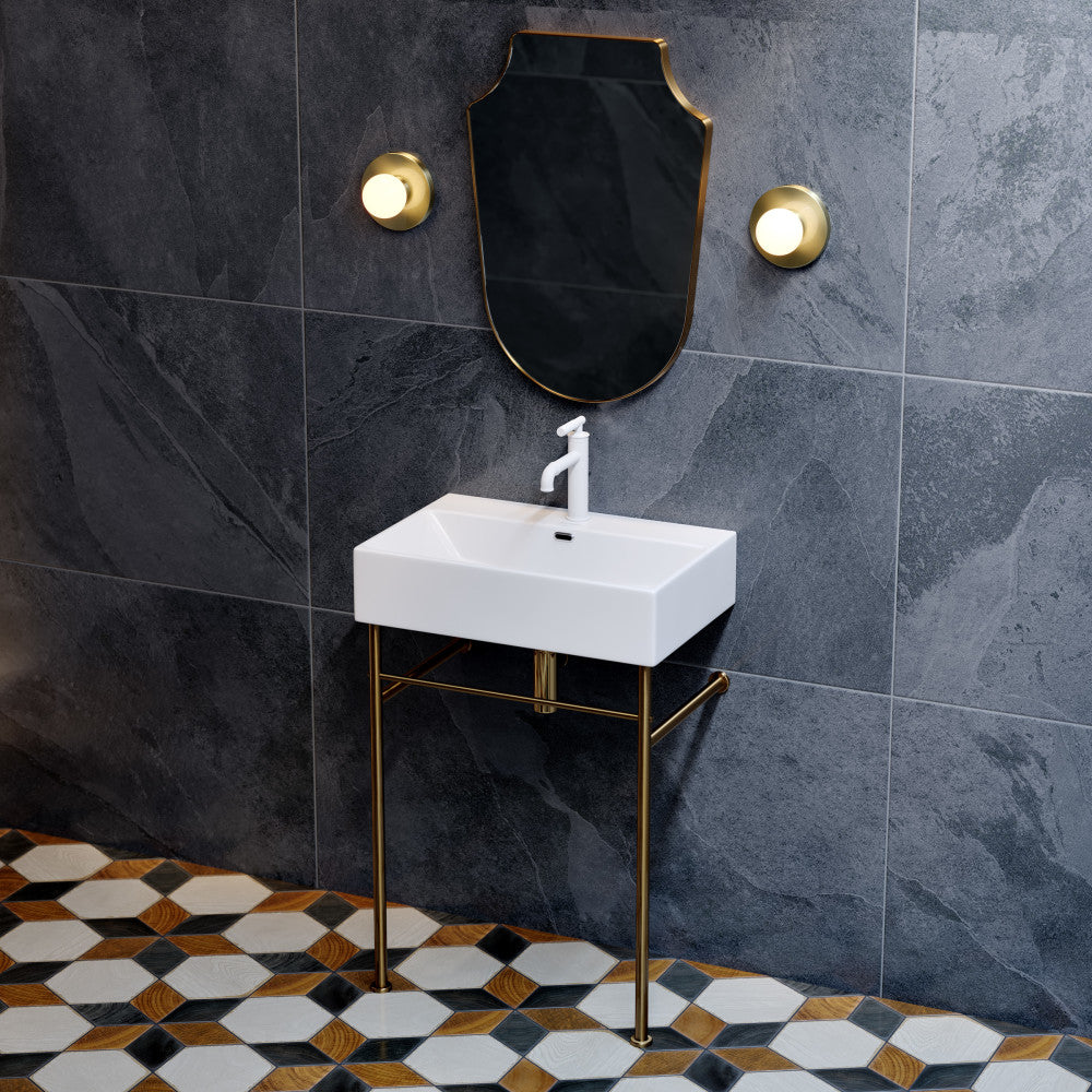 Swiss Madison Claire 24 Ceramic Console Sink White Basin Brushed Gold Legs