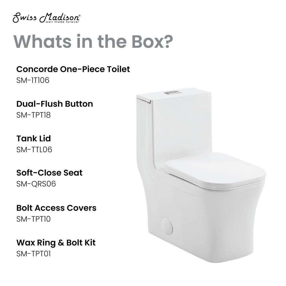 Swiss Madison Concorde One-Piece 12" Rough-in 1.1/1.6 GPF Dual Top Flush Square Toilet in Glossy White